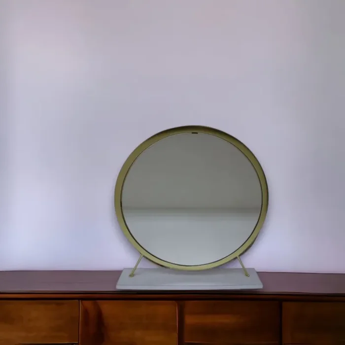 19‘‘ Faux Fur, Mirror, White & Brass Finish Round Makeup Shaving Tabletop Mirror