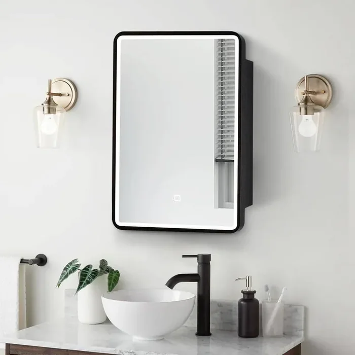 24 in. W x 30 in. H Rectangular Surface Mount Black Bathroom Medicine Cabinet with Mirror with LED Light and Anti-Fog