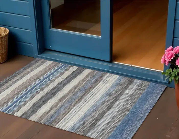 3‘ X 5‘ Denim Blue Beige And Taupe Striped Washable Indoor Outdoor Area Rug