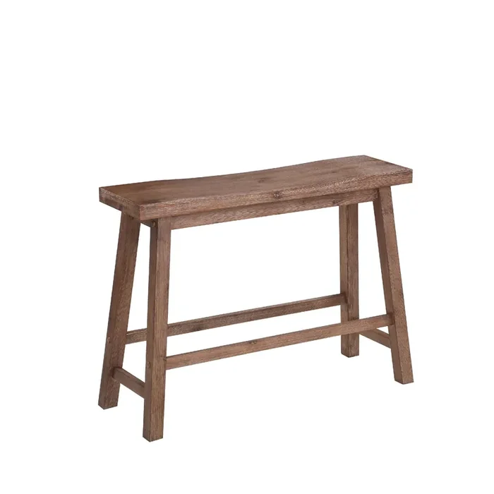 33 Inch Saddle Seat Bench With Angled Frame, Sandblasted Antique Brown Acacia Wood