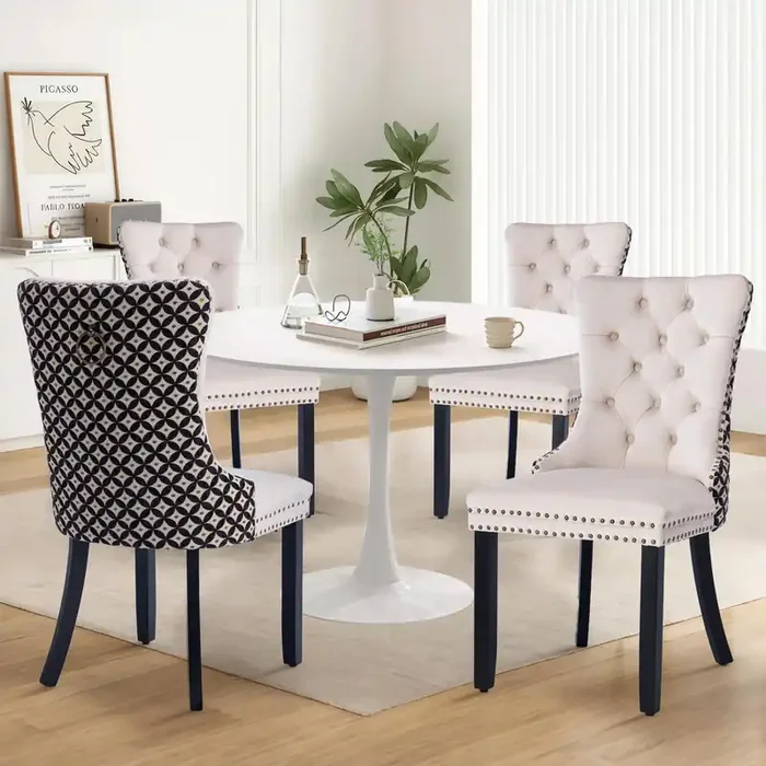 5-Pieces 42‘ Round Dining Table Set For 4, White Dining Table & 4 Velvet Upholstered Dining Chairs For Kitchen Dining Room Apar