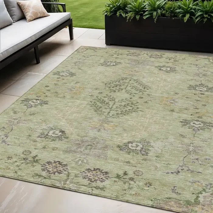 5‘ X 8‘ Artichoke Green Brown And Beige Floral Washable Indoor Outdoor Area Rug