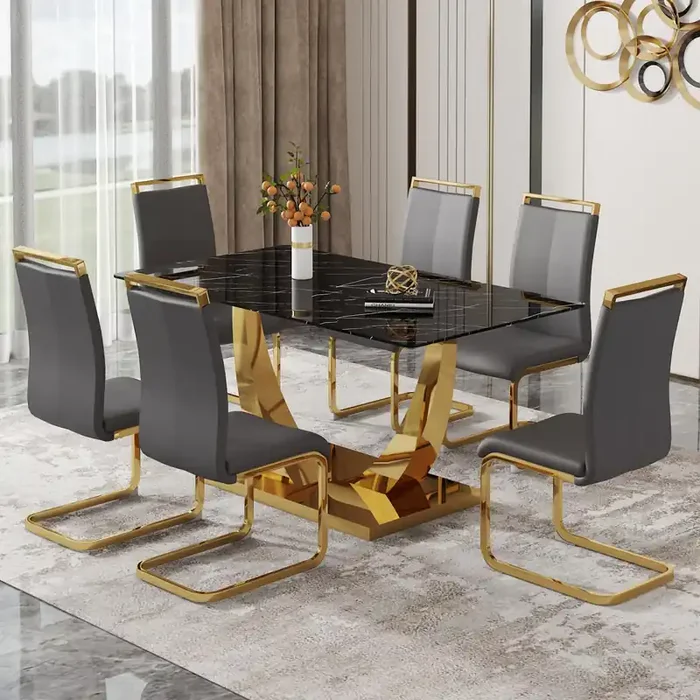 63 Dining Room Table Set For 6,Modern Gold Dining Table Set For 6, Rectangle Kitchen Table Set With Pu Leather Chairs,Black F
