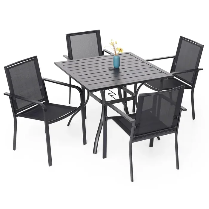 Anmutig 5 Piece Patio Dining Set, 4 Pcs Outdoor Black Sling Stackable Chairs And 35‘ Square Metal Patio Table With Umbrella Hol