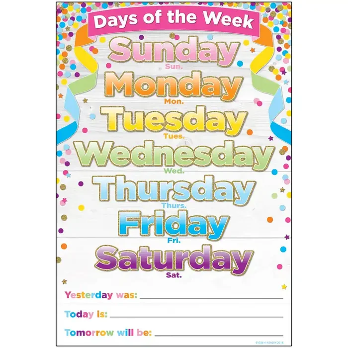 Ashley Productions Ash91038Bn Smart Poly Chart, 13‘‘ X 19‘‘, Confetti Days Of The Week, Pack Of 10