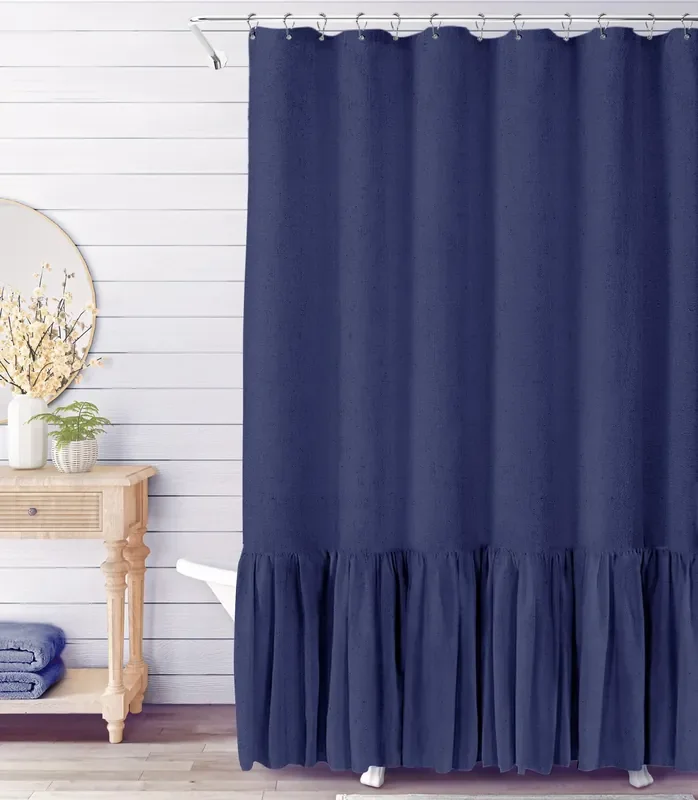 Awellife Farmhouse Shower Curtain With A Ruffle Hem Linen Blend Shower Curtain For Bathroom,72‘X72‘, Navy Blue