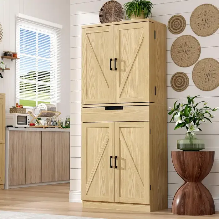 Bometao 72‘ Tall Kitchen Pantry Cabinets, Farmhouse Storage Organizer Cabinet With Barn Doors, Drawer And Adjustable Shelves, R