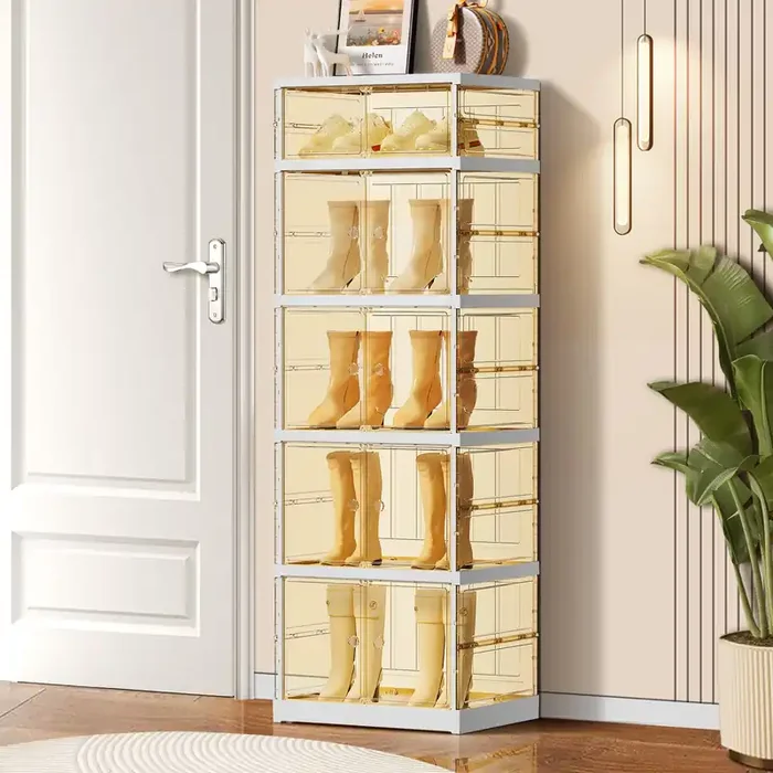 Cimlord 5-Tier Foldable Shoe Rack For Closet Entryway 5-10Pairs,Stackable Clear Shoe Storage Boxes Organizer With Door Plastic S