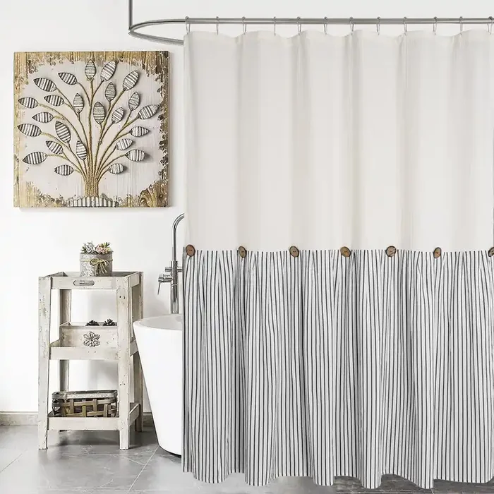 Dosly Id Es Farmhouse Shower Curtain,Beige And Black Striped,Button Curtain,Spa Waffle And Cotton Woven Fabric,Rustic Charm Cou