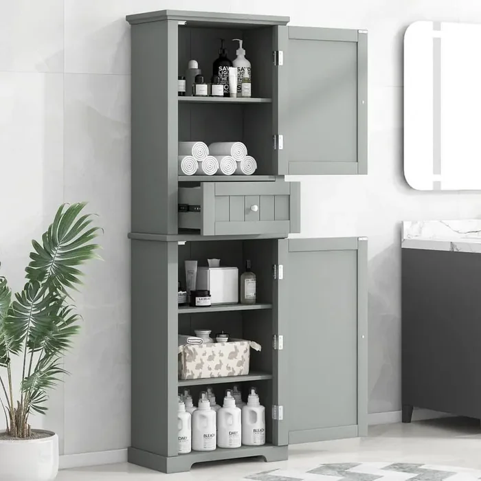 Freestanding 22 in. W x 11 in. D x 67.3 in. H Gray Bathroom Storage Linen Cabinet with Drawer and Adjustable Shelf