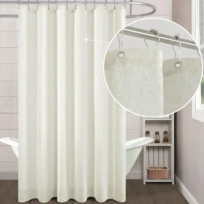 Koufall 90 Inch Shower Curtain Long,Linen Fabric Boho Farmhouse Neutral Extra Long Shower Curtains For Bathroom 90 In Length,Cre