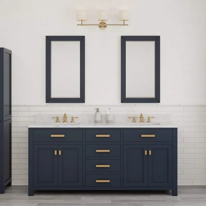 Madison 72 in.W x 21.5 in.D x 34 in.H Double Sink Bath Vanity in Monarch Blue with Carrara White Marble Top and Mirrors