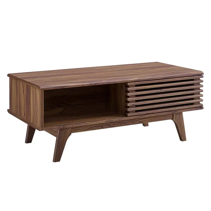 Mid-Century Charm Render Coffee Table – Walnut Laminate, Sliding Door, Splayed Frame – Versatile & Stylish. Ideal for showcasin