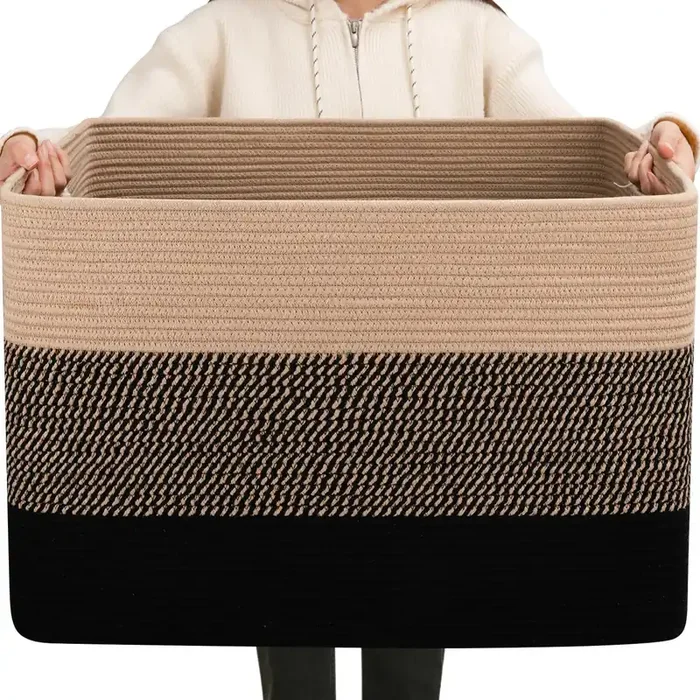 Oiahomy 108L Super Large Blanket Basket, 25 X16 X16 Rectangle Woven Baskets For Storage, Cotton Rope Basket For Living Ro