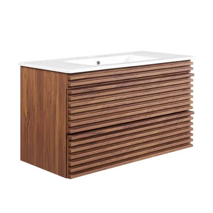 Render 36‘‘ Wall-Mount Bathroom Vanity – Retro Modern Design, Ample Storage, Ceramic Sink, Walnut Grain Laminate, Durable Constr