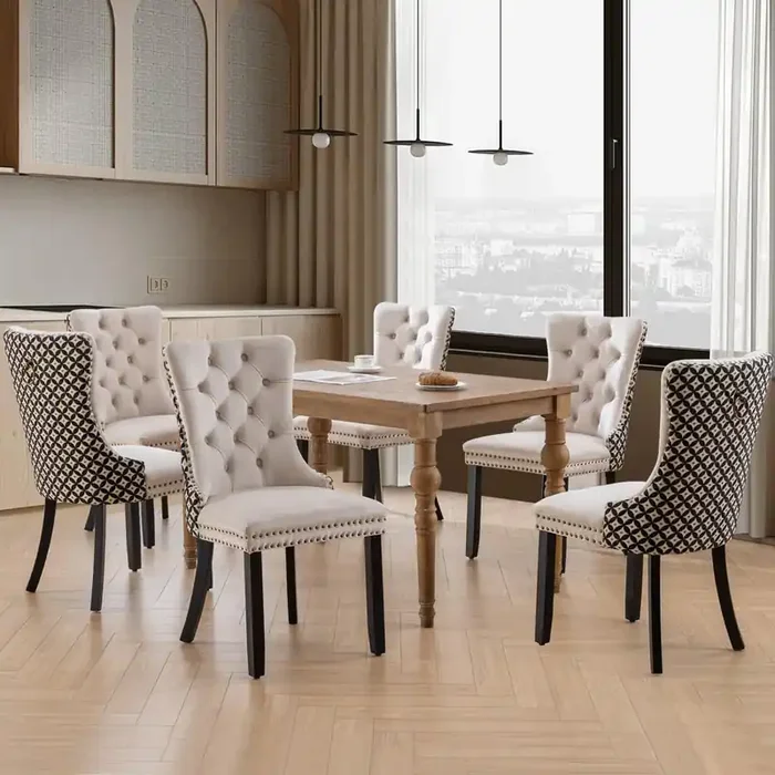 Soarflash Velvet Dining Chairs Set Of 6, Tall Back Side Chair, Modern Upholstered Side Chair With Button Back Ring, Solid Wood L