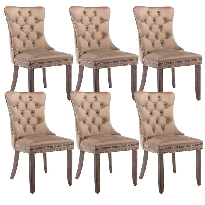 Upholstered Dining Chairs Set Of 6, Velvet Dining Room Chairs With Back Ring Pull Trim And Solid Wood Legs, Tufted Wingback Kitc