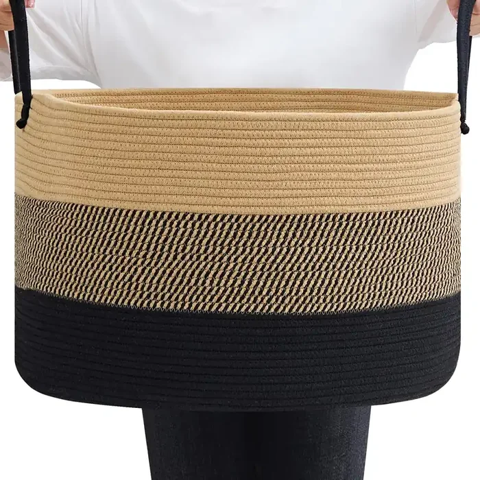 Vecelo Large Blanket Basket (21.7‘X13.8‘) Round Woven Rope Basket With Handles, Soft Cotton Basket Storage For Living Room, La