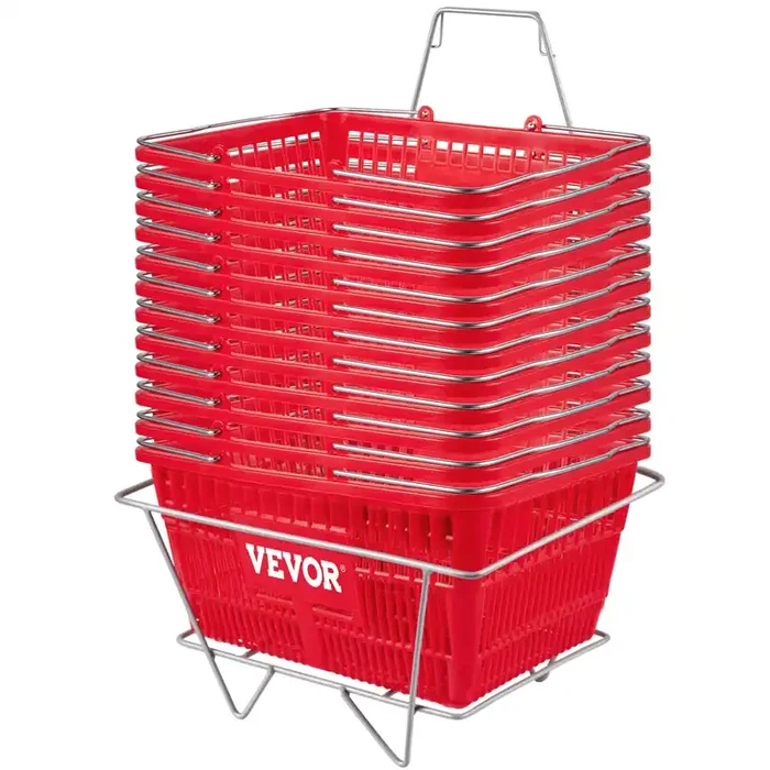 Vevor Shopping Basket, Set Of 12 Red, Durable Pe Material With Handle And Stand, Basket Dimension 16.9‘‘L X 11.8‘‘W X 8.07‘‘H An