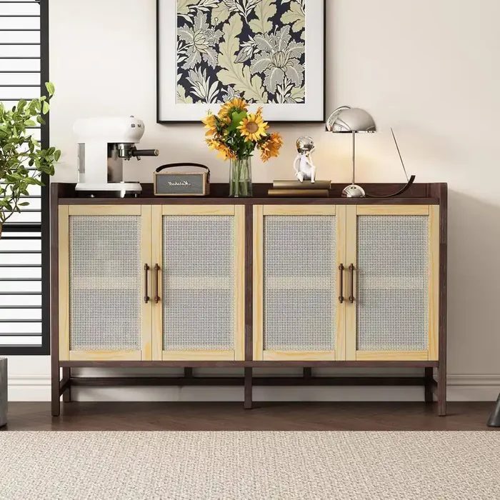 Vintage 60 in. W x 16 in. D x 35.8 in. H Brown Linen Cabinet Rustic Sideboard with Decorative Rattan Doors and Shelves