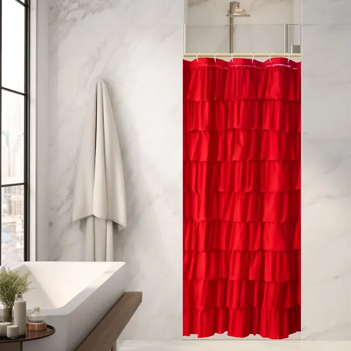 Westweir Red Ruffle Small Shower Curtain, Cute Girly Bath Curtains, Christmas Theme Bathroom Decor, Elegant & Festive Design, Ea