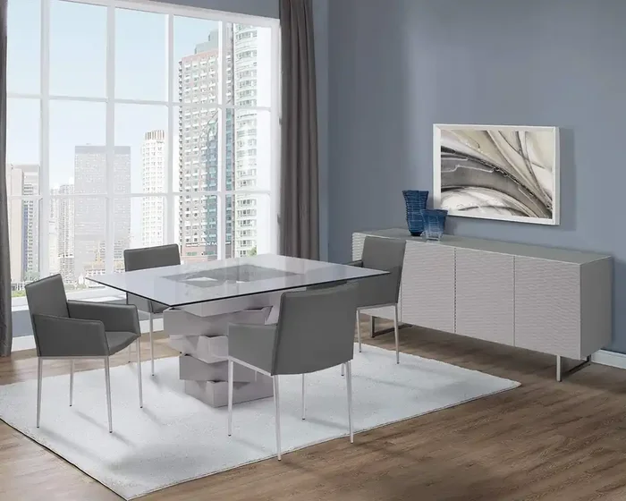 Whiteline Modern Living Carson Square Dining Table, 12Mm Clear Glass Top, Geometric Squares Base In High Gloss Light Grey Lacque