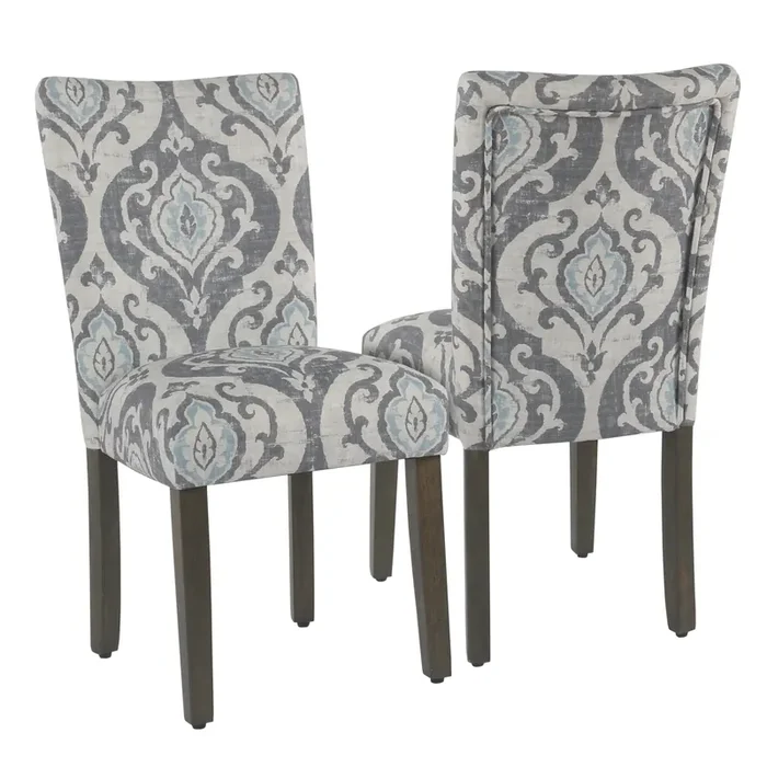 Wooden Dining Chair With Damask Print Fabric Upholstery, Gray And Blue, Set Of Two