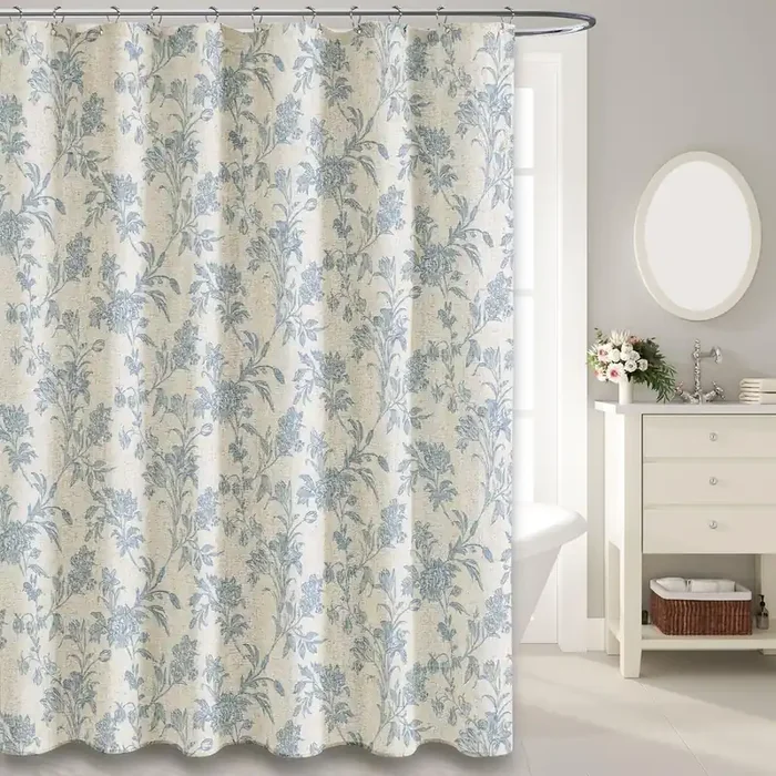 Wouvma Blue Shower Curtain Floral Cotton Linen Cottagecore Shower Curtain For Bathroom 72‘ L X 60‘ W